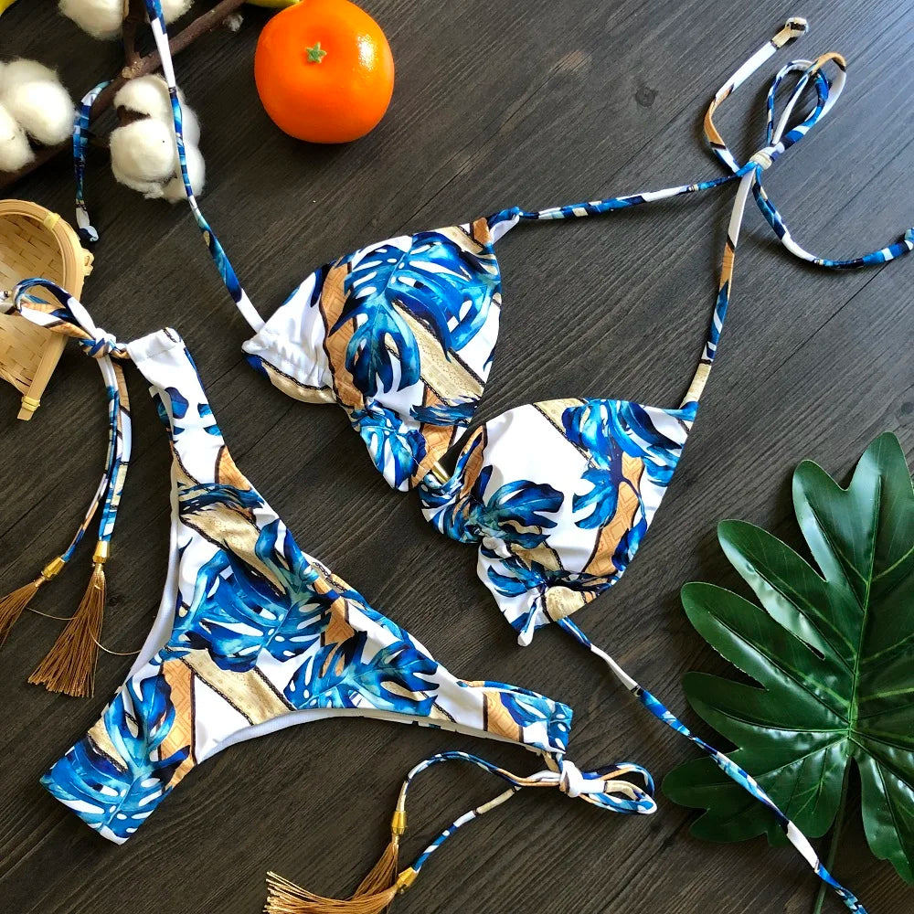 Swimwear- Exotic Tropical String 2-Piece Swim Set - Triangle Bra & Ruched-Side Bikini for Women- - Chuzko Women Clothing