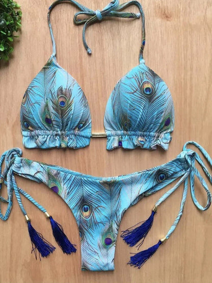 Swimwear- Exotic Tropical String 2-Piece Swim Set - Triangle Bra & Ruched-Side Bikini for Women- - Chuzko Women Clothing