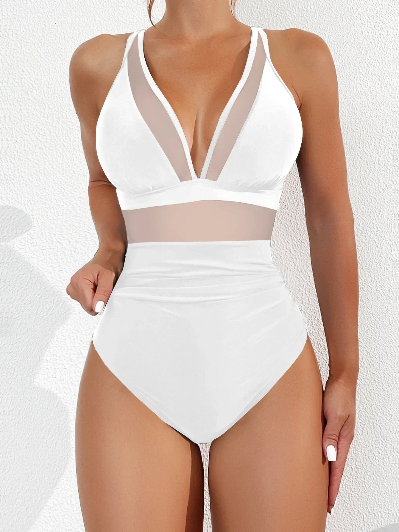 Swimwear- Exotic allure Women's Mesh Accent Animal Print One-Piece Plunge Swimsuit- White- Pekosa Women Fashion