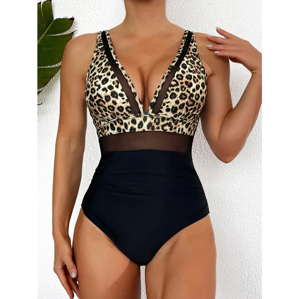 Swimwear- Exotic allure Women's Mesh Accent Animal Print One-Piece Plunge Swimsuit- - Pekosa Women Fashion