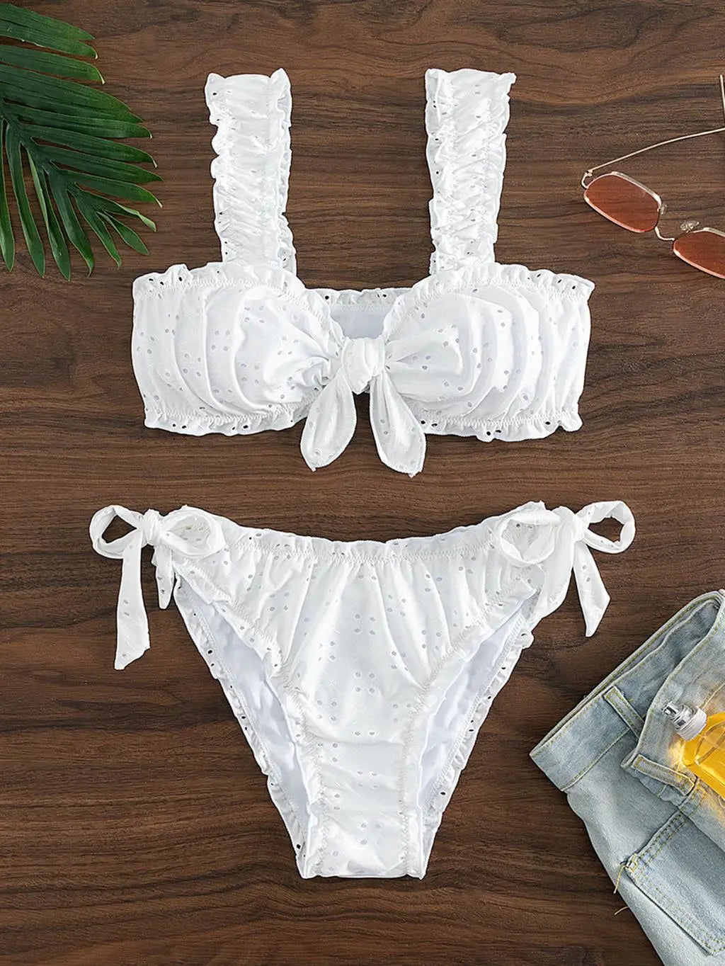 Swimwear- Eyelet Women's Cami Sweet Bra & Tie-Side Bikini 2 Piece Swimwear- White- Chuzko Women Clothing