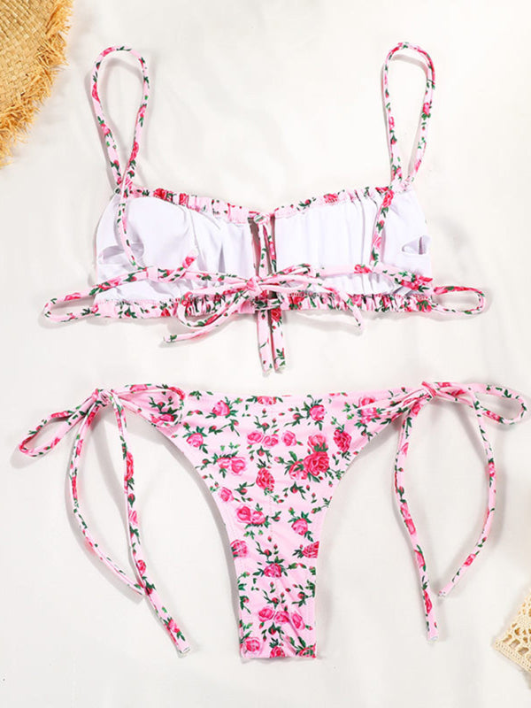 Maillot de bain floral 2 pièces à bretelles - Soutien-gorge carré et bikini noué sur le côté