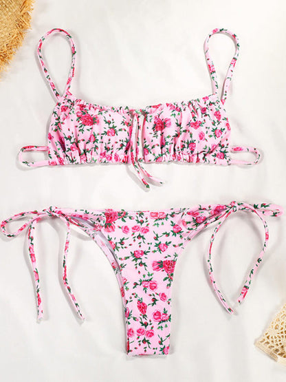 Maillot de bain floral 2 pièces à bretelles - Soutien-gorge carré et bikini noué sur le côté