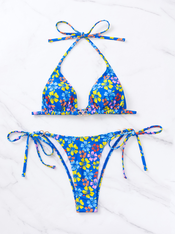 Swimwear- Floral 2-Piece String Tie-Side Bikini Set with Triangle Bra- - Chuzko Women Clothing