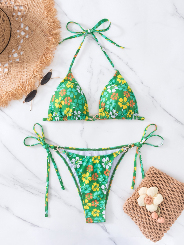 Swimwear- Floral 2-Piece String Tie-Side Bikini Set with Triangle Bra- - Chuzko Women Clothing