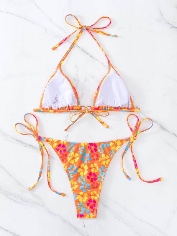 Swimwear- Floral 2-Piece String Tie-Side Bikini Set with Triangle Bra- - Chuzko Women Clothing