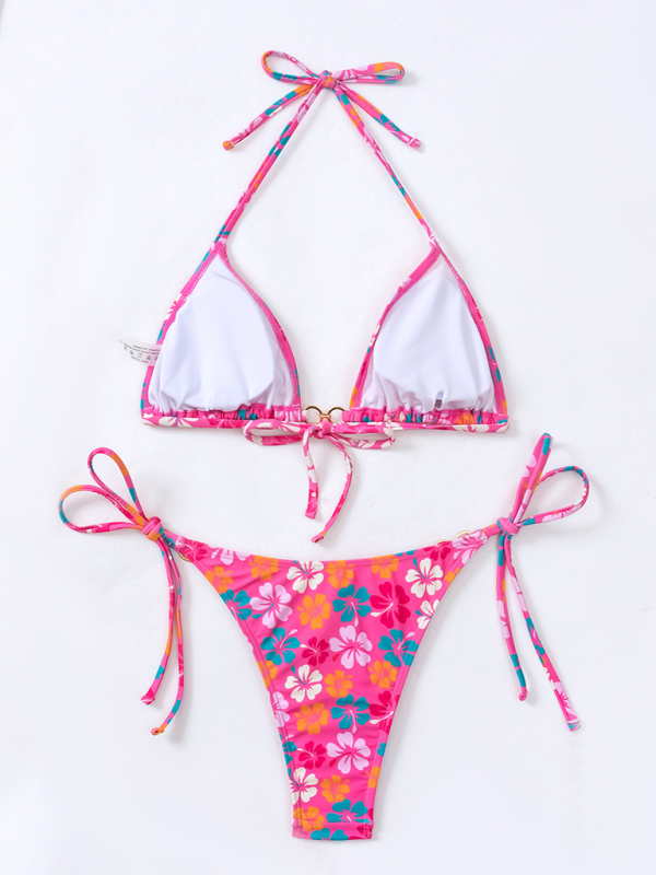 Swimwear- Floral 2-Piece String Tie-Side Bikini Set with Triangle Bra- - Chuzko Women Clothing