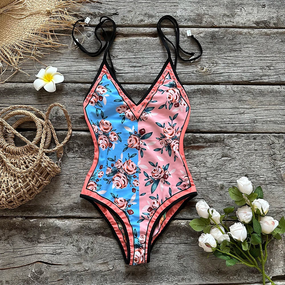 Swimwear- Beach Artistic Floral One-Piece Swimsuit for Vacation- Pink- Pekosa Women Fashion