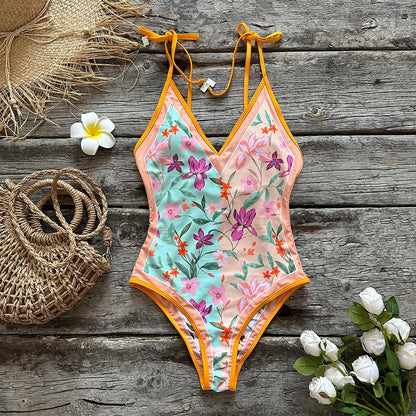 Swimwear- Beach Artistic Floral One-Piece Swimsuit for Vacation- Yellow - Orange- Pekosa Women Fashion