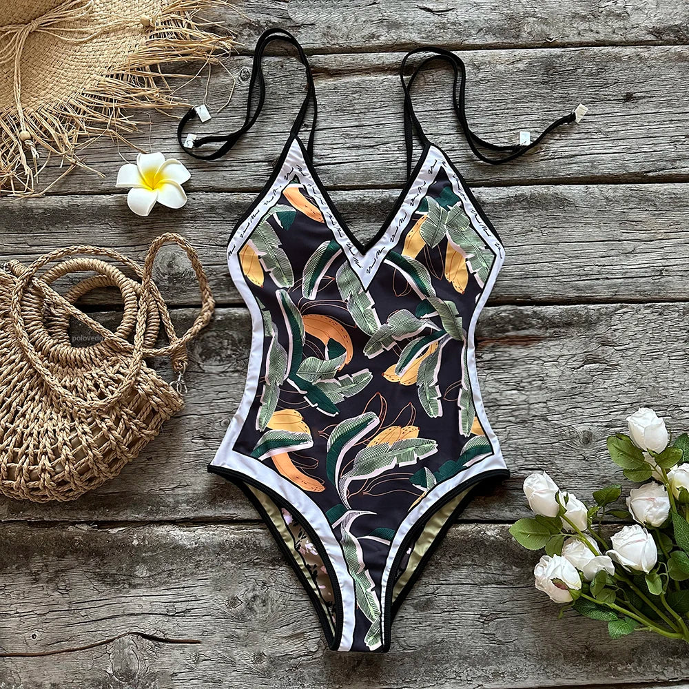 Swimwear- Beach Artistic Floral One-Piece Swimsuit for Vacation- Black- Pekosa Women Fashion