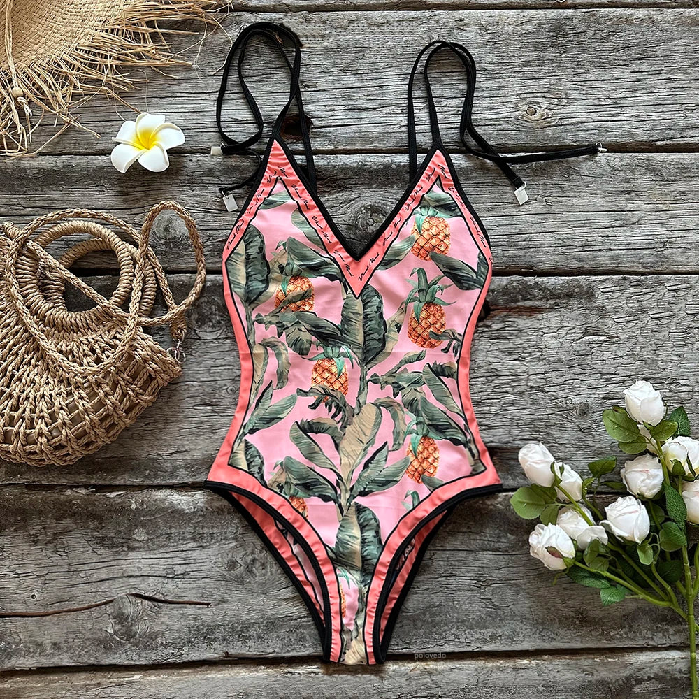 Swimwear- Beach Artistic Floral One-Piece Swimsuit for Vacation- - Pekosa Women Fashion