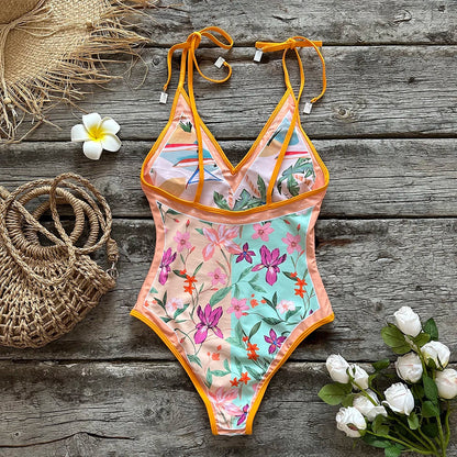 Swimwear- Beach Artistic Floral One-Piece Swimsuit for Vacation- - Pekosa Women Fashion