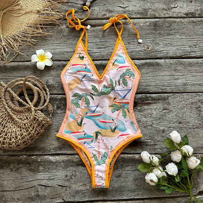 Swimwear- Beach Artistic Floral One-Piece Swimsuit for Vacation- - Pekosa Women Fashion