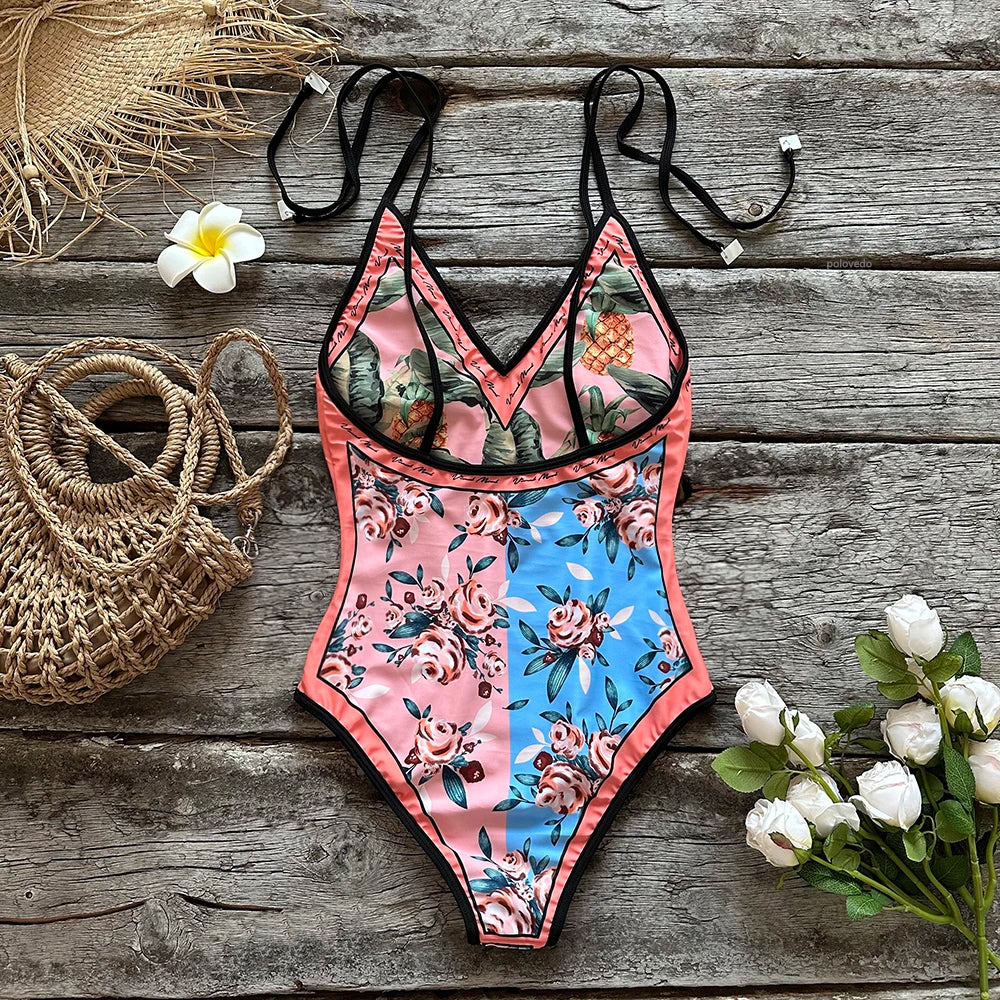 Swimwear- Beach Artistic Floral One-Piece Swimsuit for Vacation- - Pekosa Women Fashion