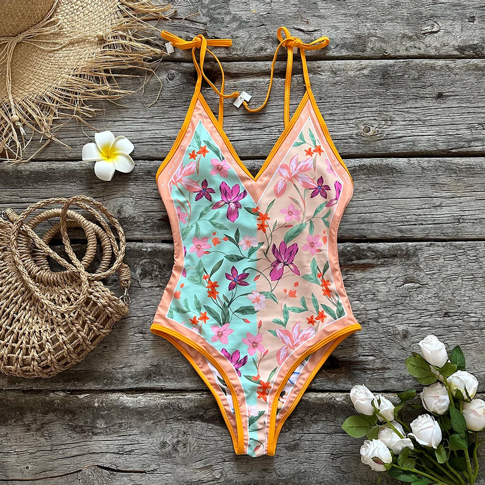 Swimwear- Beach Artistic Floral One-Piece Swimsuit for Vacation- - Pekosa Women Fashion