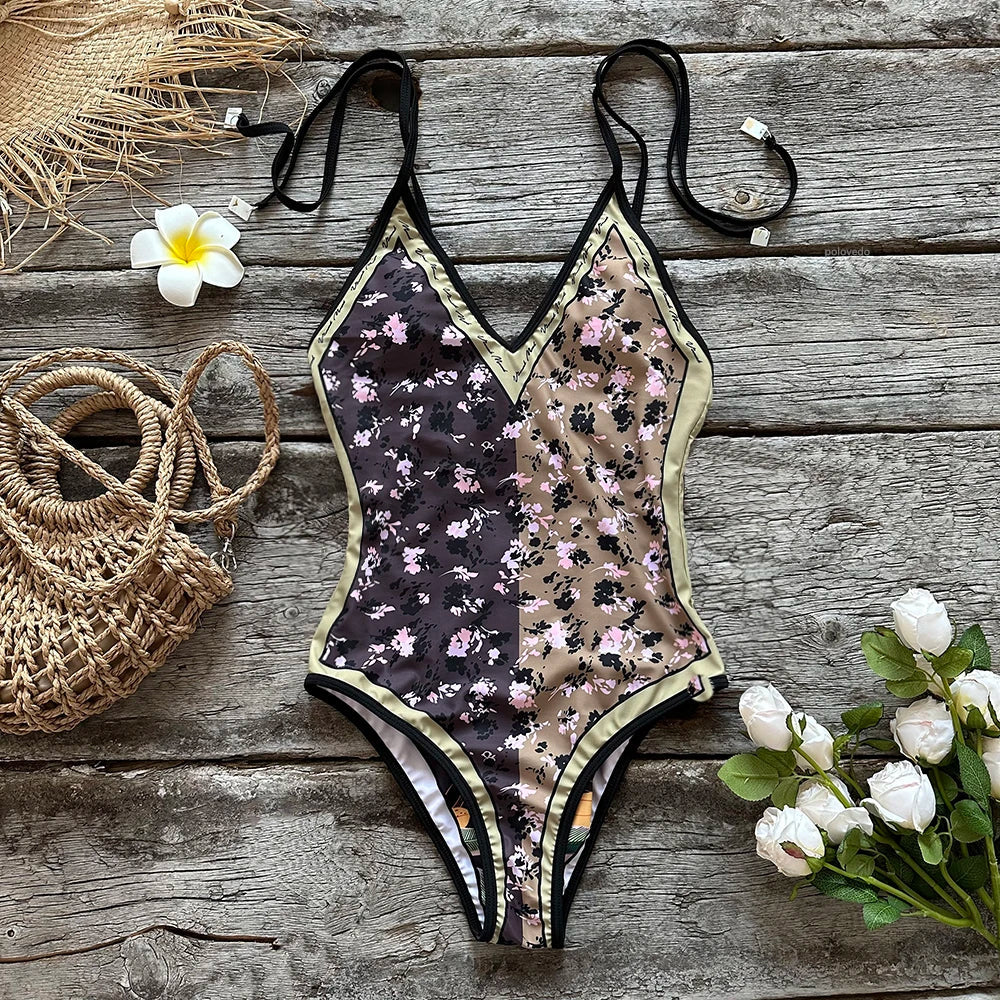Swimwear- Beach Artistic Floral One-Piece Swimsuit for Vacation- - Pekosa Women Fashion