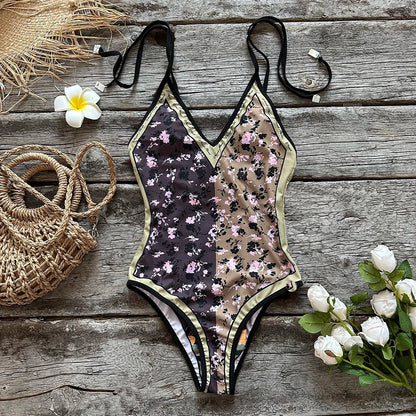 Swimwear- Beach Artistic Floral One-Piece Swimsuit for Vacation- - Pekosa Women Fashion