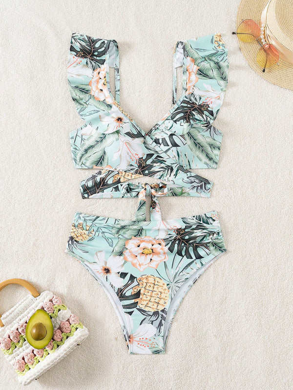 Swimwear - Floral Criss-Cross High-Waist Tankini Two-Piece Swimwear