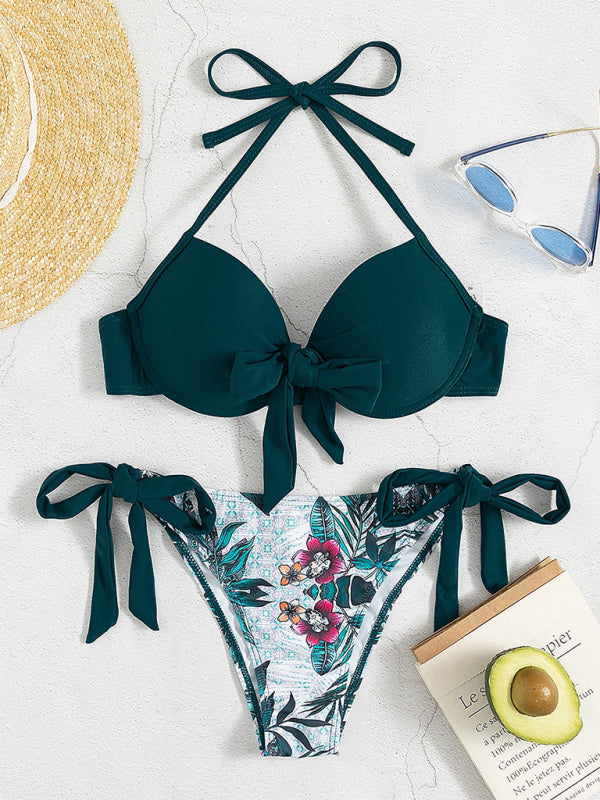 Swimwear - Floral Push-Up Bikini Tie-Side Color Block Swimsuit