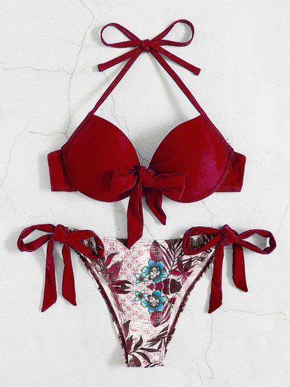 Swimwear - Floral Push-Up Bikini Tie-Side Color Block Swimsuit