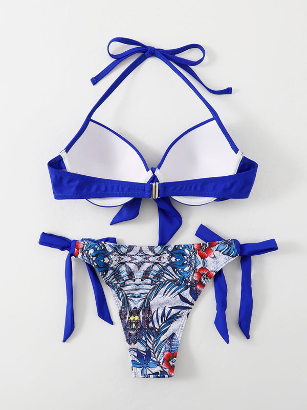 Swimwear - Floral Push-Up Bikini Tie-Side Color Block Swimsuit