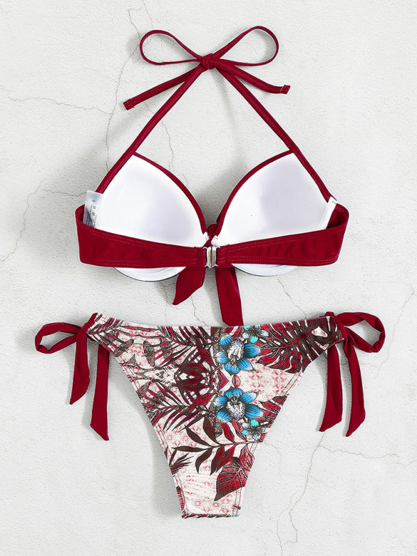 Swimwear - Floral Push-Up Bikini Tie-Side Color Block Swimsuit