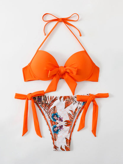 Swimwear - Floral Push-Up Bikini Tie-Side Color Block Swimsuit