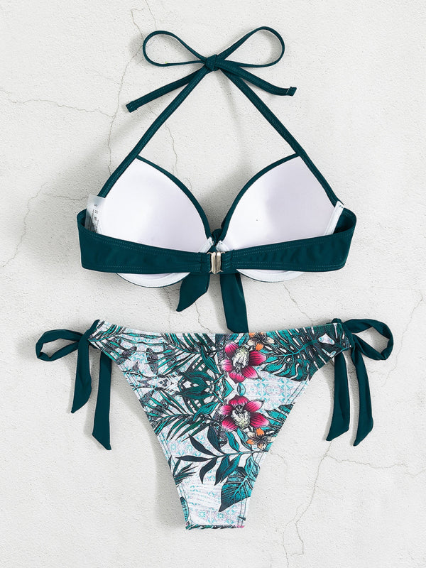 Swimwear - Floral Push-Up Bikini Tie-Side Color Block Swimsuit