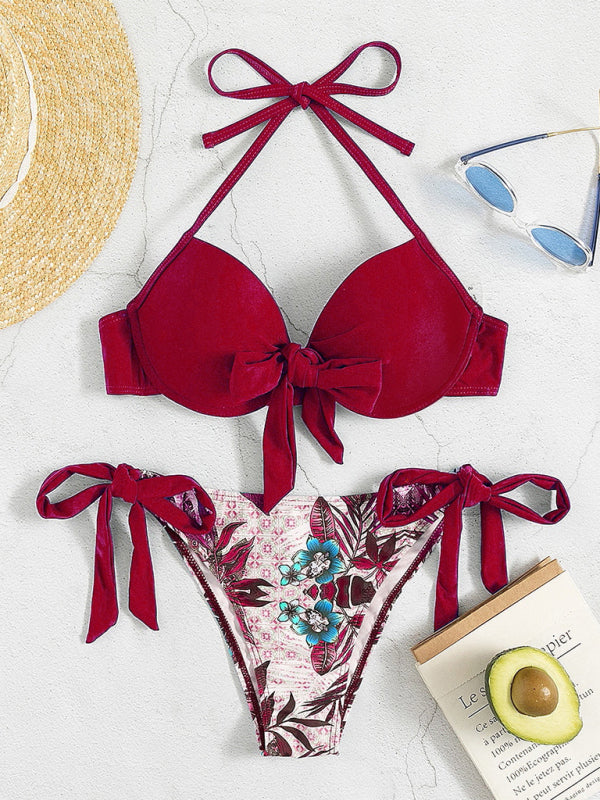 Swimwear - Floral Push-Up Bikini Tie-Side Color Block Swimsuit