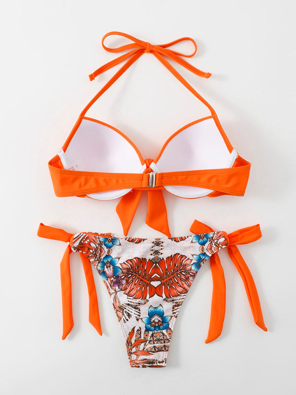 Swimwear - Floral Push-Up Bikini Tie-Side Color Block Swimsuit