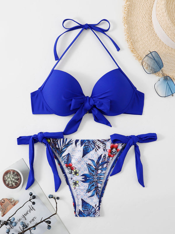 Swimwear - Floral Push-Up Bikini Tie-Side Color Block Swimsuit