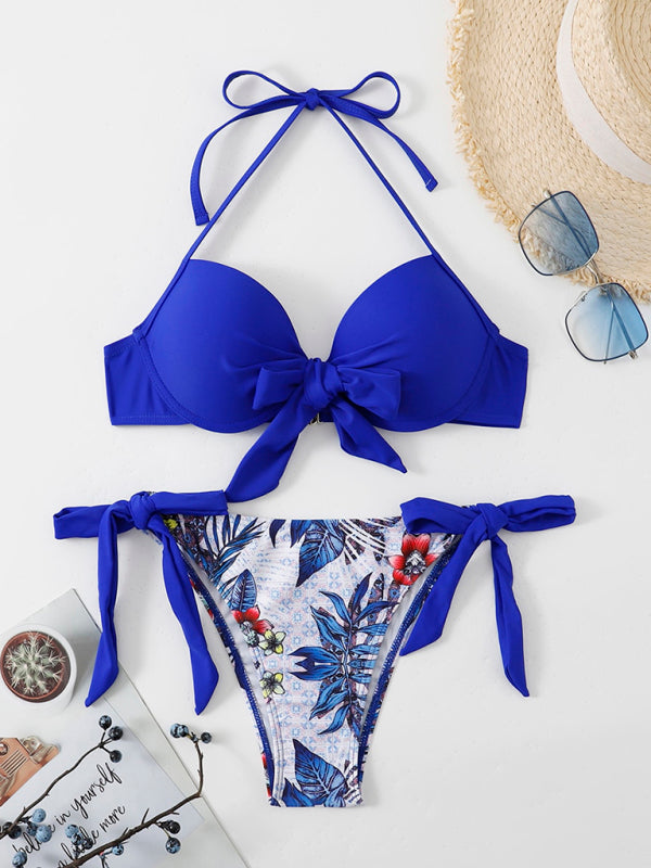 Swimwear - Floral Push-Up Bikini Tie-Side Color Block Swimsuit