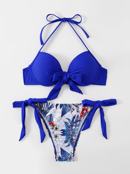 Swimwear - Floral Push-Up Bikini Tie-Side Color Block Swimsuit