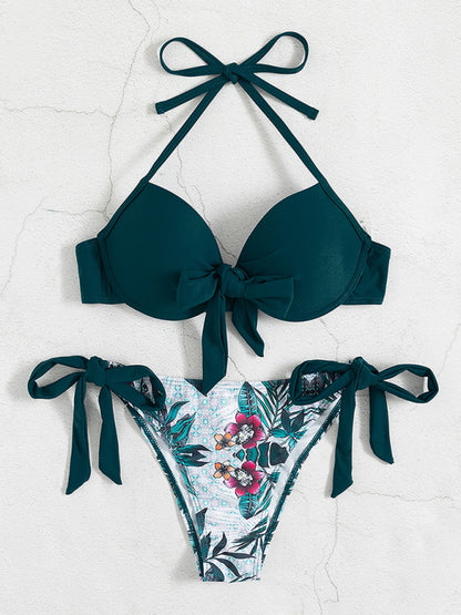 Swimwear - Floral Push-Up Bikini Tie-Side Color Block Swimsuit