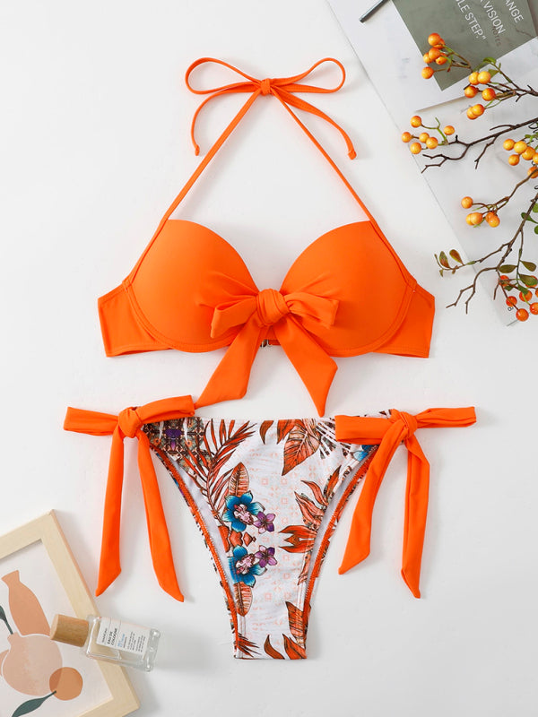 Swimwear - Floral Push-Up Bikini Tie-Side Color Block Swimsuit