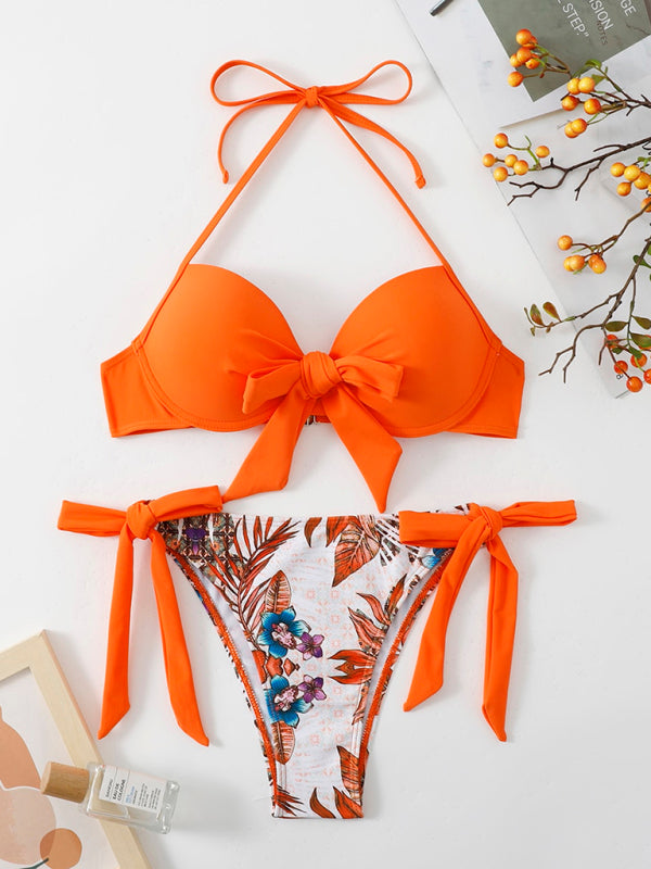 Swimwear - Floral Push-Up Bikini Tie-Side Color Block Swimsuit