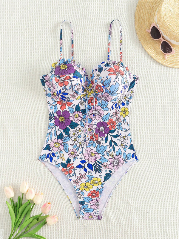 Swimwear - Floral Push-Up Swimwear One-Piece Bustier Bathing Suit