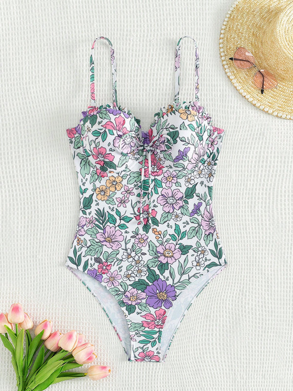 Swimwear - Floral Push-Up Swimwear One-Piece Bustier Bathing Suit