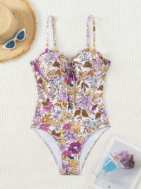 Swimwear - Floral Push-Up Swimwear One-Piece Bustier Bathing Suit