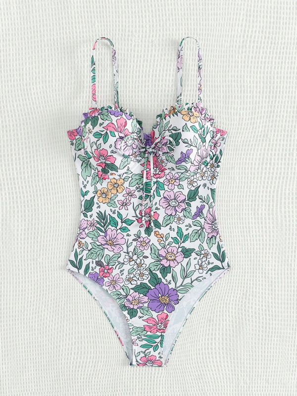 Swimwear - Floral Push-Up Swimwear One-Piece Bustier Bathing Suit