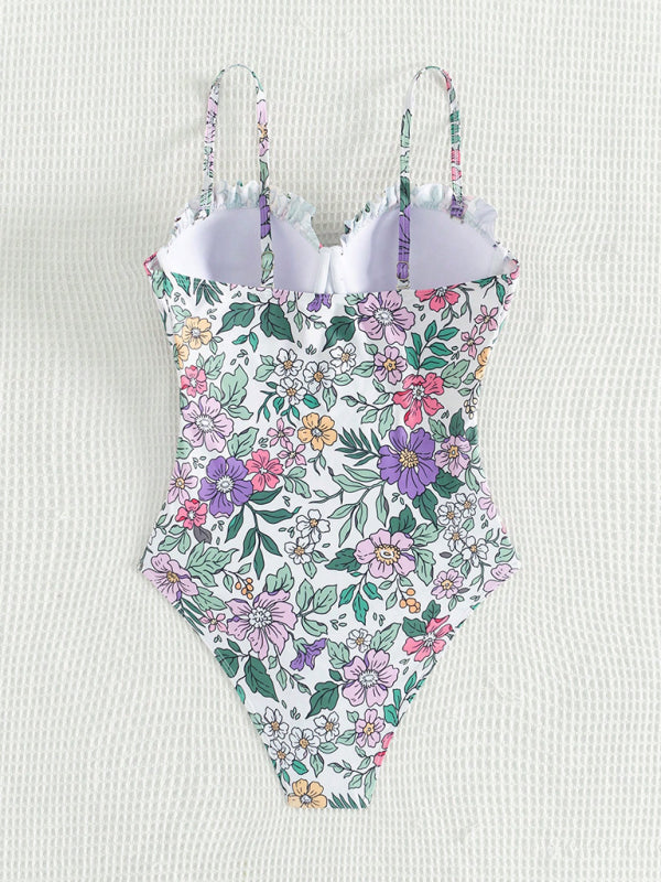 Swimwear - Floral Push-Up Swimwear One-Piece Bustier Bathing Suit