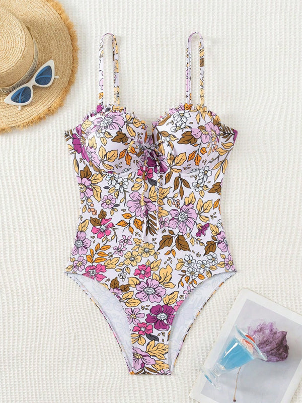 Swimwear - Floral Push-Up Swimwear One-Piece Bustier Bathing Suit