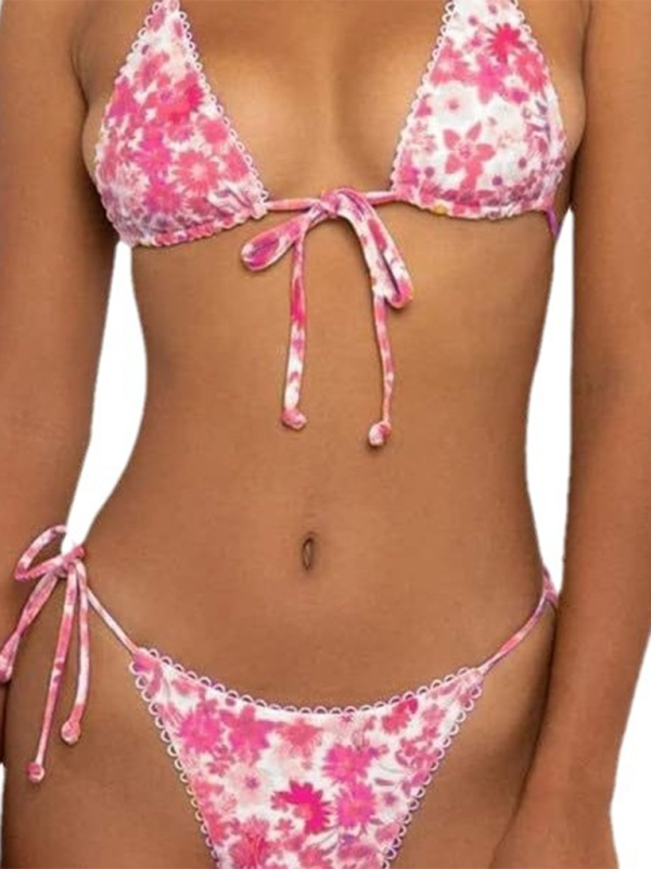 Swimwear- Floral Triangle Bra & String Bikini Set for Vacation- Pink purple- Chuzko Women Clothing