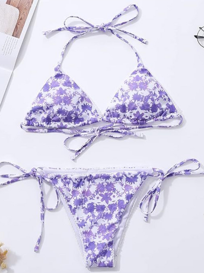 Swimwear- Floral Triangle Bra & String Bikini Set for Vacation- - Chuzko Women Clothing