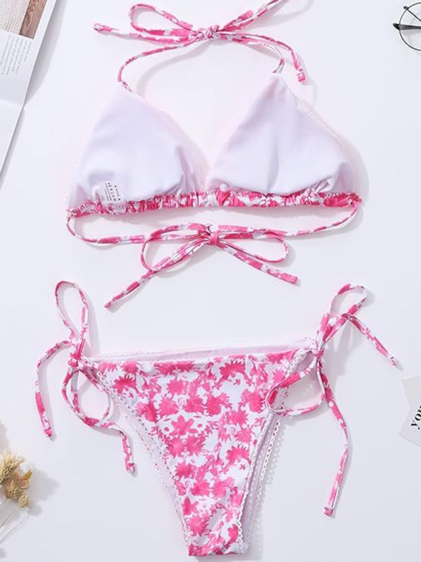 Swimwear- Floral Triangle Bra & String Bikini Set for Vacation- - Chuzko Women Clothing