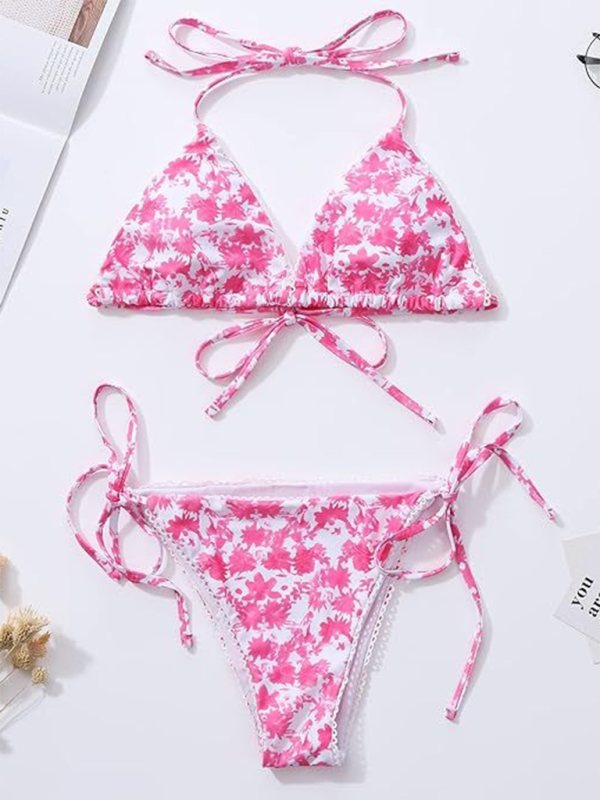 Swimwear- Floral Triangle Bra & String Bikini Set for Vacation- - Chuzko Women Clothing