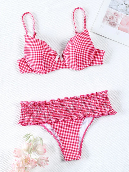 Swimwear- Floral and Plaid String Bikini - Cherry Print 2 Piece Swimwear- - Pekosa Women Fashion