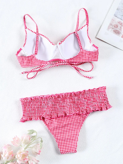 Swimwear- Floral and Plaid String Bikini - Cherry Print 2 Piece Swimwear- - Pekosa Women Fashion