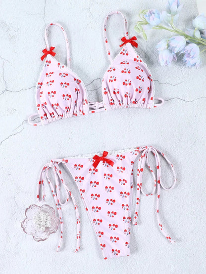 Swimwear- Floral and Plaid String Bikini - Cherry Print 2 Piece Swimwear- - Pekosa Women Fashion