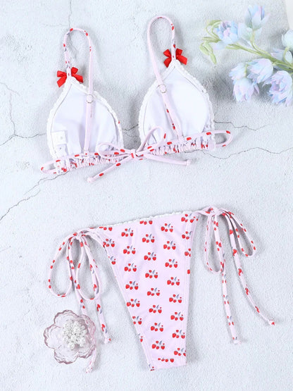 Swimwear- Floral and Plaid String Bikini - Cherry Print 2 Piece Swimwear- - Pekosa Women Fashion